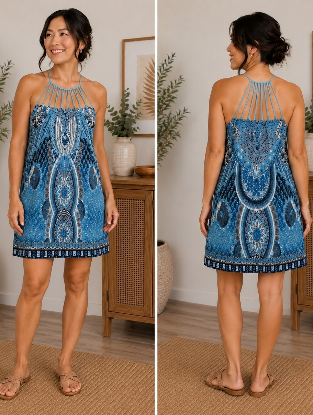 Title: Boutique Blue Boho Print Strappy Halter Dress  Size XL